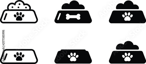 pet food bowl icon set with bone and paw print symbols, animal feeding accessories for cats and dogs, veterinary care, pet supplies, Vector, illustration, design, concept.