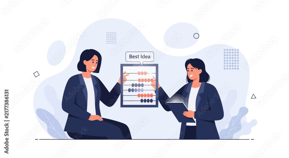 Fototapeta premium Two businesswomen collaborating, one using an abacus labeled 'Best Idea' and the other holding a notebook, symbolizing financial planning and innovation.