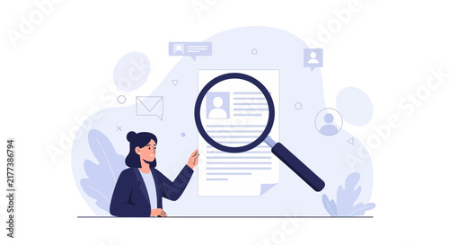 Woman reviewing resume with magnifying glass, symbolizing job search, recruitment, and HR screening