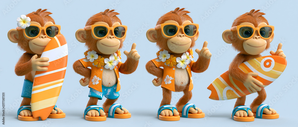 Fototapeta premium Four playful cartoon monkeys dressed in Hawaiian shirts and sunglasses, each with a surfboard. They are ready for a tropical beach vacation