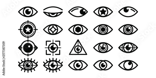 Collection of stylized eye icons and geometric shapes in a black and white design