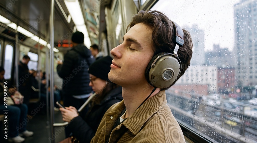 Fototapeta premium Young man listening to music on headphones during rainy subway commute