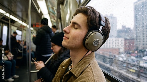 Young man listening to music on headphones during rainy subway commute
