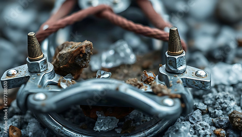Extreme close-up of a steel climbing crampon with ice and mud fragments, metallic texture.