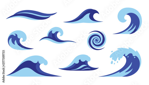 Vector illustration of diverse ocean wave designs in gradient shades of blue over a clean white background.