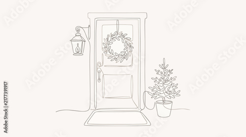 Continuous line art vector illustration of a festive Christmas front door. Features a winter wreath hanging on the door, a wall lantern, a potted pine tree, and a welcoming mat isolated on white.
