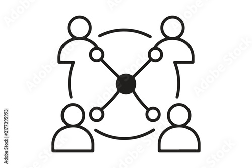 Four people connected to a central point forming a team network outline icon graphic with teamwork