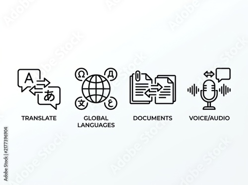 Vector icons set for translation global languages documents and verification.