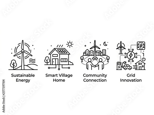 Illustrated icons representing sustainable energy and smart village concepts.