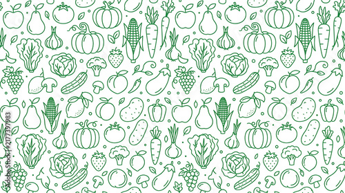 Fresh Fruits and Vegetables Seamless Pattern with Hand Drawn Organic Produce and Garden Food Illustrations