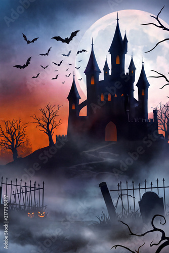 Spooky Halloween Graveyard with Haunted Castle, Bats and Dark Tree Silhouettes