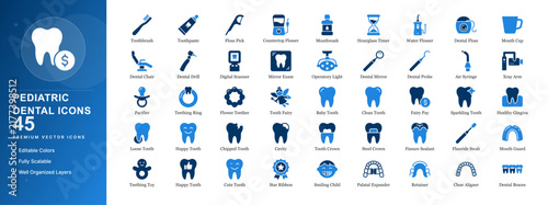 Kids pediatric dental healthcare flat icon set. Children oral hygiene, infant tooth care, dentist clinic examination symbols for web app ui design.