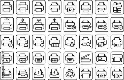 Set of Modern Printer and Scanner Vector Icons for Office Equipment and Technology Interface Design