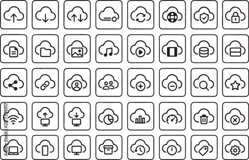 Cloud computing icons set for data storage services vector illustration collection with various technology line symbols for web design