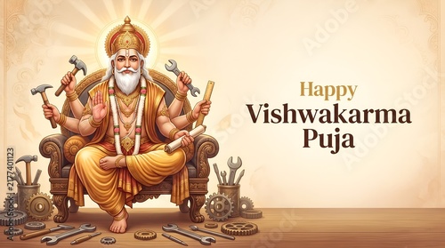 Majestic Vishwakarma seated center-left on an ornate carved throne, calm benevolent expression