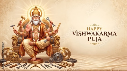 Happy Vishwakarma Puja – Lord Vishwakarma Indian Festival Greeting Banner