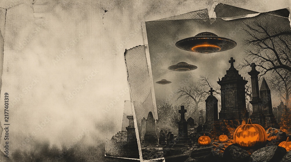Obraz premium Halloween poster with torn paper and old photo of ufo saucers flying over misty graveyard. Glowing pumpkins among tombstones and crosses.