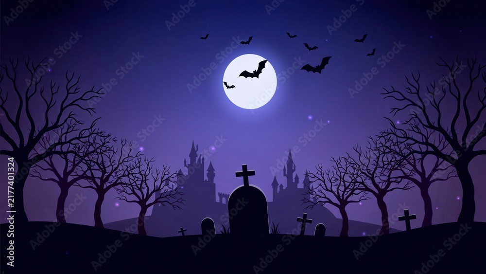 Fototapeta premium Spooky halloween graveyard landscape with a haunted castle under a full moon