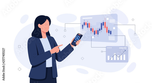 Businesswoman analyzing financial stock market charts on digital devices, data visualization, investment strategy