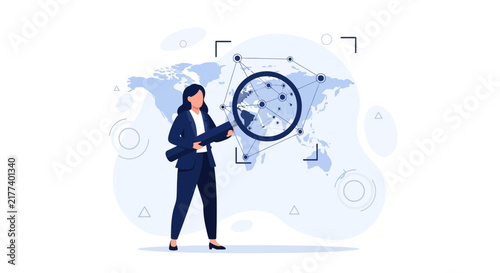 Businesswoman analyzing global network data on world map with magnifying glass, conceptualizing international business and analytics.