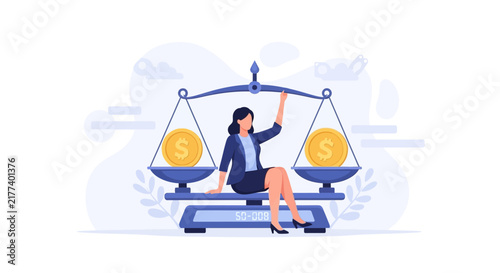 Businesswoman Balancing Scales with Golden Coins, Symbolizing Financial Stability and Economic Equilibrium