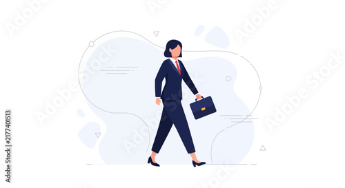 Businesswoman in a suit confidently walking with a briefcase, modern flat illustration with abstract background
