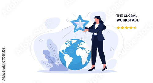 Businesswoman Holding Star Above Globe, Representing Global Success, Innovation, and Excellence in International Business.