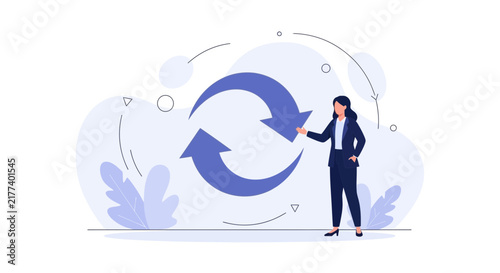 Businesswoman interacting with circular arrows representing process, cycle, and data flow in modern flat illustration style