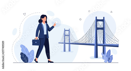 Businesswoman Interacting with Futuristic Interface Near Suspension Bridge