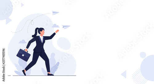 Businesswoman launching paper airplanes, symbolizing ambition, innovation, and forward-thinking in a modern, minimalist style