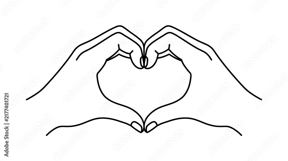 Obraz premium Minimalist heart hand gesture line art, simple black outline of hands forming a heart shape, romantic love symbol on white background