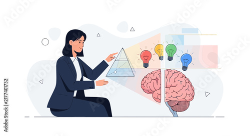 Businesswoman presenting a pyramid graph with colorful lightbulbs and a split brain illustration, symbolizing ideas, strategy, and innovation.