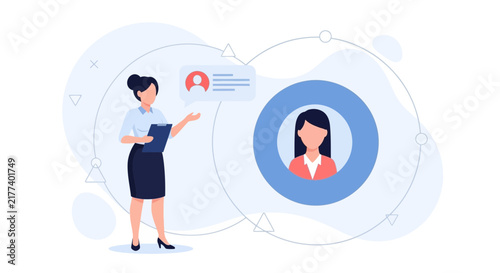 Businesswoman presenting user profile and data analysis with infographic elements