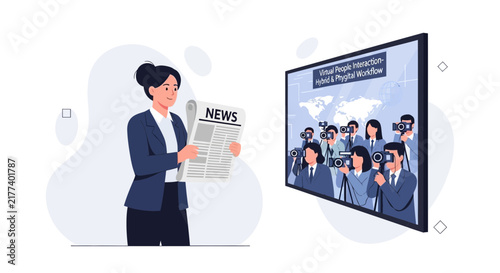 Businesswoman Reading Newspaper Next to Screen Showing Press Conference with Photographers, Hybrid Workflow Concept