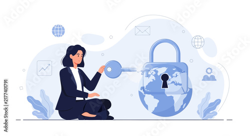 Businesswoman unlocking a padlocked globe with a key, symbolizing global security, data protection, and access.