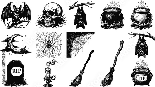 Set of vintage style halloween themed icons featuring bats skulls cauldrons spiderwebs and witchcraft elements