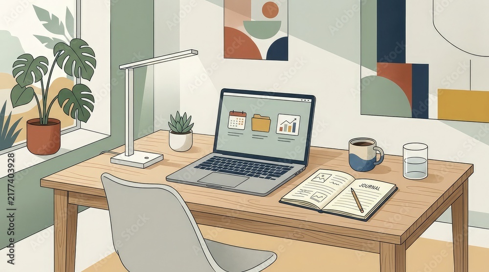 Fototapeta premium Cozy modern home office workspace with laptop