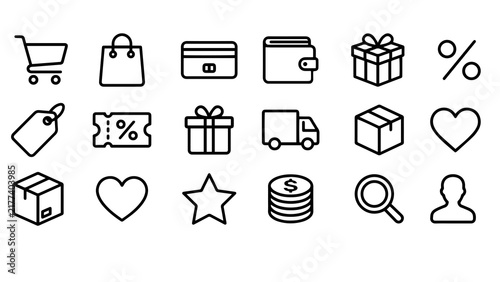 Online store e-commerce icon set line art vector, shopping cart and delivery outline collection