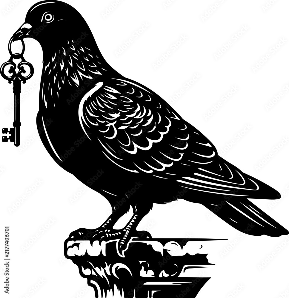 Naklejka premium Pigeon guardian holding an oversized key vector illustration