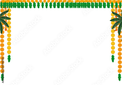 Indian Festive Marigold Flower and Mango Leaf Toran Border, Traditional Floral Decoration Transparent PNG