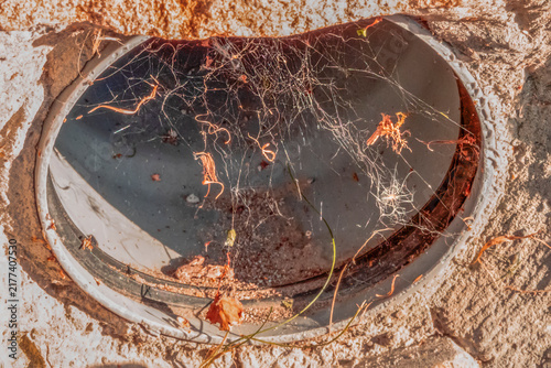 Cobwebs in the ventilation duct of a house on a summer day