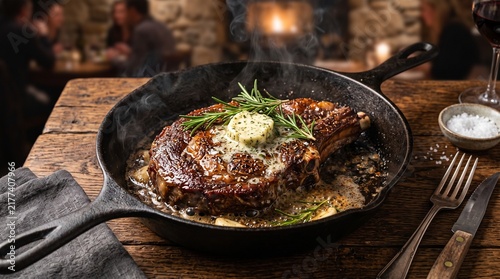 Ribeye steak served hot in skillet with herbs and butter  