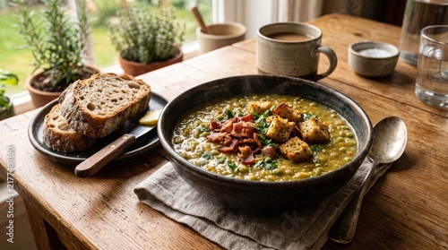 Split pea soup with bread on a wooden table near a window  