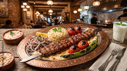 Turkish Adana kebab with flatbread and side dishes in restaurant  