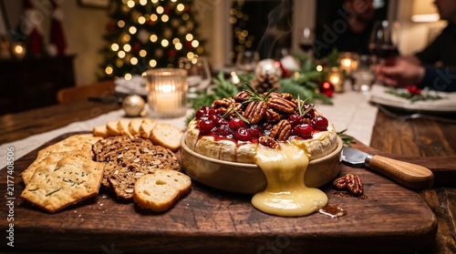 Baked brie with cranberry sauce, pecans, and crackers on wooden board  