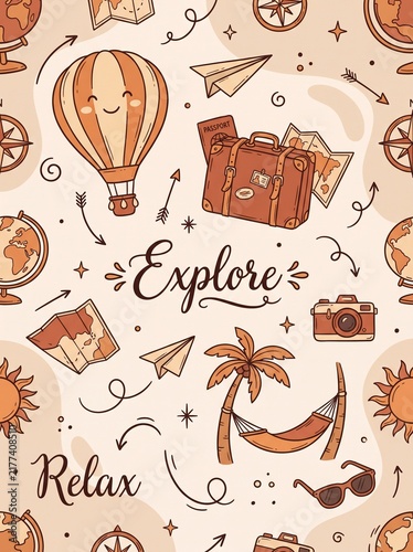 Seamless travel and adventure pattern with doodle icons
