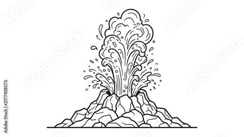 Geyser Eruption Line Art: A stylized black and white illustration depicts a geyser erupting from a rocky terrain, with water and steam exploding upwards in a dynamic display.