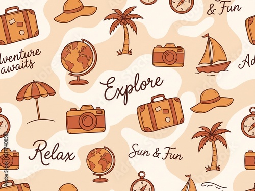Seamless travel pattern with vacation icons and hand drawn style