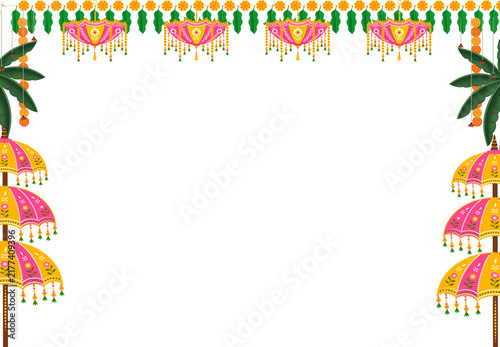 Indian Festive Decorative Border with Marigold Flowers, Mango Leaves, Colorful Hanging Umbrellas and Toran