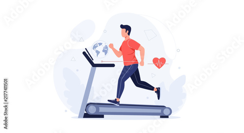 Man running on treadmill with heartbeat and globe icons, representing global health and fitness